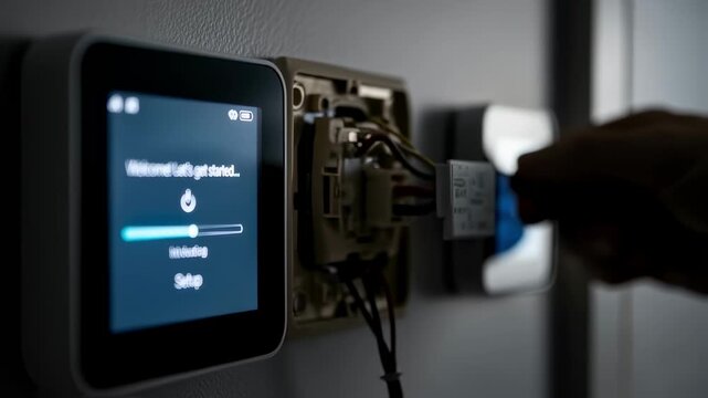 Focus on smart thermostat display lighting up during first installation phase as old thermostat wallplate is replaced effortlessly.