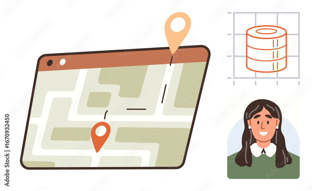 Poster tablet displaying a map with a route and location pins, database diagram, and a smiling woman avatar
