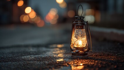 Vintage lantern in puddle, city lights blurred