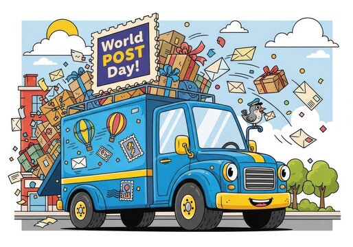 Colorful Cartoon Delivery Truck Celebrating World Post Day with Flying Mail Envelopes and Gifts - Powered by Adobe