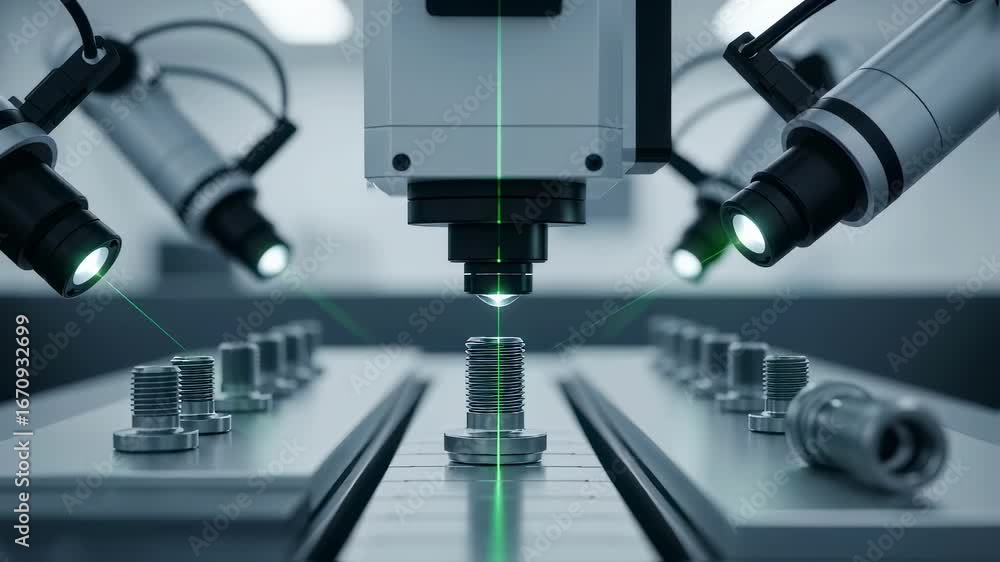 Poster detailed capture of hightech automated inspection equipment scrutinizing aerospace fastener thread p