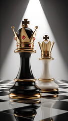 Chess Strategy: Black and White King Pieces on Golden Reflective Board