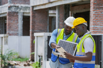 Two professional Black engineers collaborating on a building project. A skilled architect discusses...
