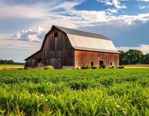 Rustic barn in a vibrant field under a partly cloudy sky