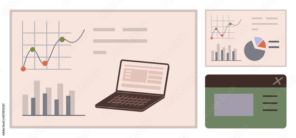 Aufkleber graphs, bar chart, pie chart, and line chart centered around a laptop, complemented with an interfac