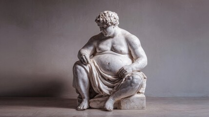 Overweight marble sculpture. Statue of a person with obesity, fat people, obesity, body size, dieting and nutrition, body positivity concept. Fat Greek statue with copy space.