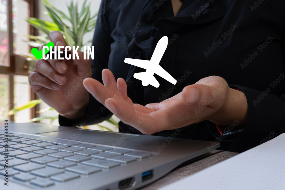 Aufkleber flight check-in. a person points to the word 