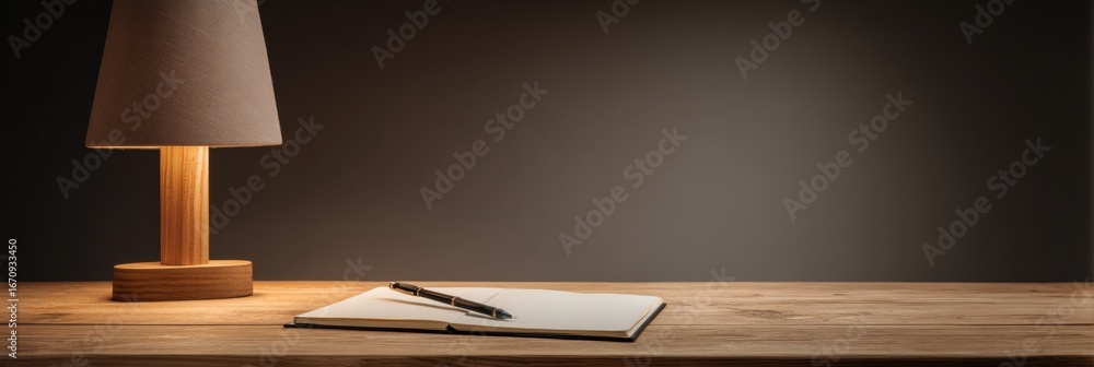 Poster warm desk setup with lamp and open notebook inviting creativity during evening hours