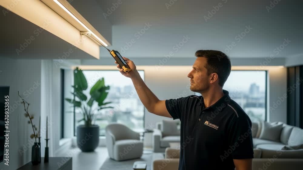 Poster electrician testing brightness and color temperature of newly installed led cove lights in a minimal