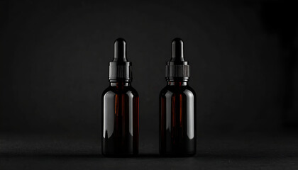 Naklejka premium Two amber dropper bottles on a minimalist black background. Ideal for beauty, cosmetic, CBD, or pharmaceutical product mockups and advertising.
