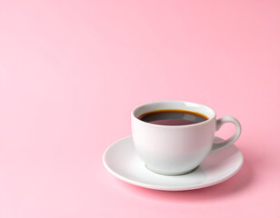 Fototapeta premium A white ceramic cup filled with black coffee on a vibrant pink background, offering a simple, minimalist, and cheerful aesthetic for various uses.