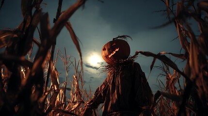 A scarecrow with a pumpkin head stands in a cornfield under the moonlight on a halloween night halloween art