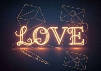 Love Neon Sign with Envelopes and Pen on Dark Background Romantic Atmosphere Decorative Art