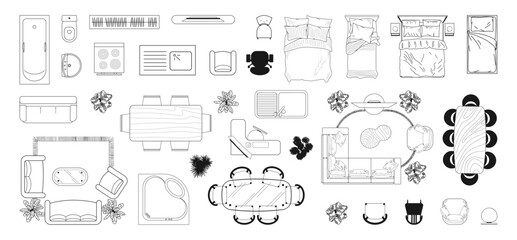 Furniture outline top view. Floor plan icons set for design interior and architectural project. Furniture collection. CAD drawings © Tatiana Bauman 