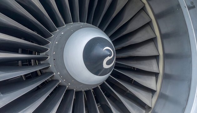Close-up of a modern jet engine turbine with intricate fan blades and central spinner, showcasing advanced aerospace engineering and power.