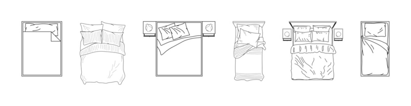 CAD drawings. Collection of images of bed shapes. View from above. Suitable for interior design and architectural projects