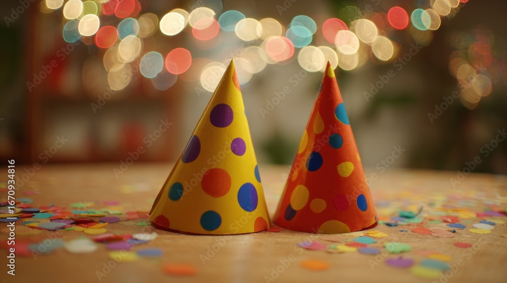 Poster colorful party hats on a wooden table surrounded by festive confetti with blurred lights in the back