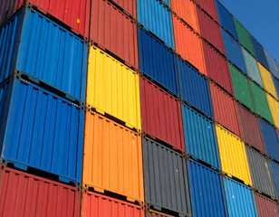 Fototapeta premium Colorful cargo containers stacked high at a commercial port, symbolizing global trade and logistics against a clear blue sky.