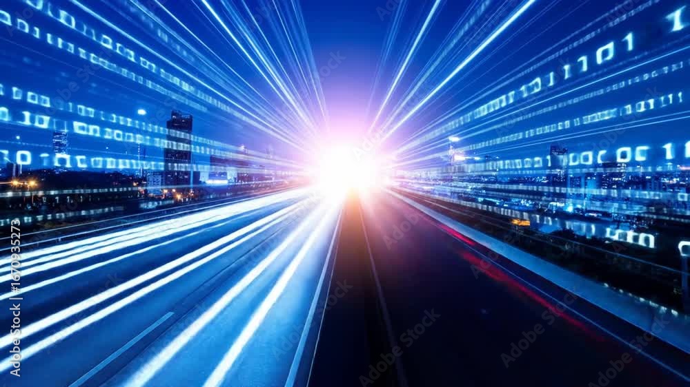 Aufkleber abstract digital binary code flowing over cityscape with light streaks in blue tones and futuristic 