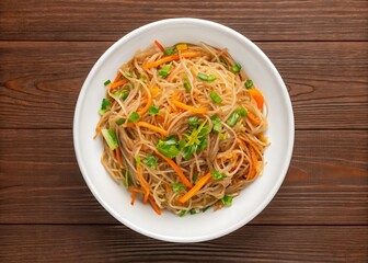 Bowl of Asian noodles with vegetables, carrots, onions and scallions garnished with cilantro on white background 