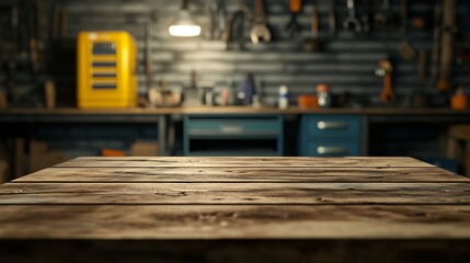Wooden Tabletop with Blurred Workshop Background
