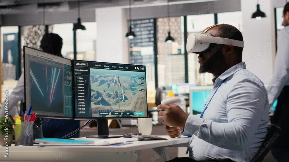Poster engineer using virtual reality simulation to do clean energy production technology testing. man wear