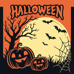Scary Halloween t-shirt design featuring jack-o-lanterns with glowing faces, haunted graveyard scene, ghostly mist, and flying bats. Bold spooky lettering in high-contrast orange and black vector 