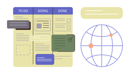 Kanban-style task board divided into To Do, Doing, and Done columns beside globe representing connectivity. Ideal for project management, collaboration, productivity, workflow, teamwork, planning © robu_s