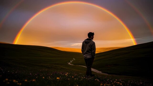 A person standing in a vibrant landscape gazing thoughtfully at a distant rainbow on the horizon symbolizing hope aspirations and the pursuit of seemingly unattainable dreams.