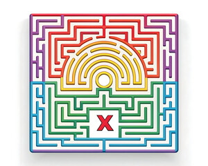 Laberinto abstracto multicolor con una X roja al final, concepto de soluci&oacute;n y direcci&oacute;n 