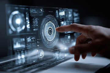 Hand interacts with a holographic display on a laptop.  A finger touches a glowing, circular interface with other data visualizations