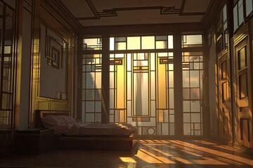 Sunlit, opulent bedroom with art deco details