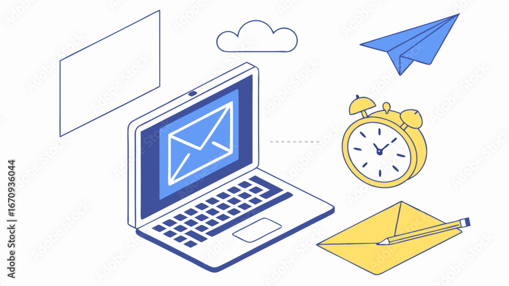 Poster isometric illustration of laptop with email clock and envelope perfect for communication and time ma