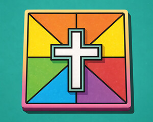Obraz premium White cross on rainbow color background, symbol of faith and LGBTQ+ community.