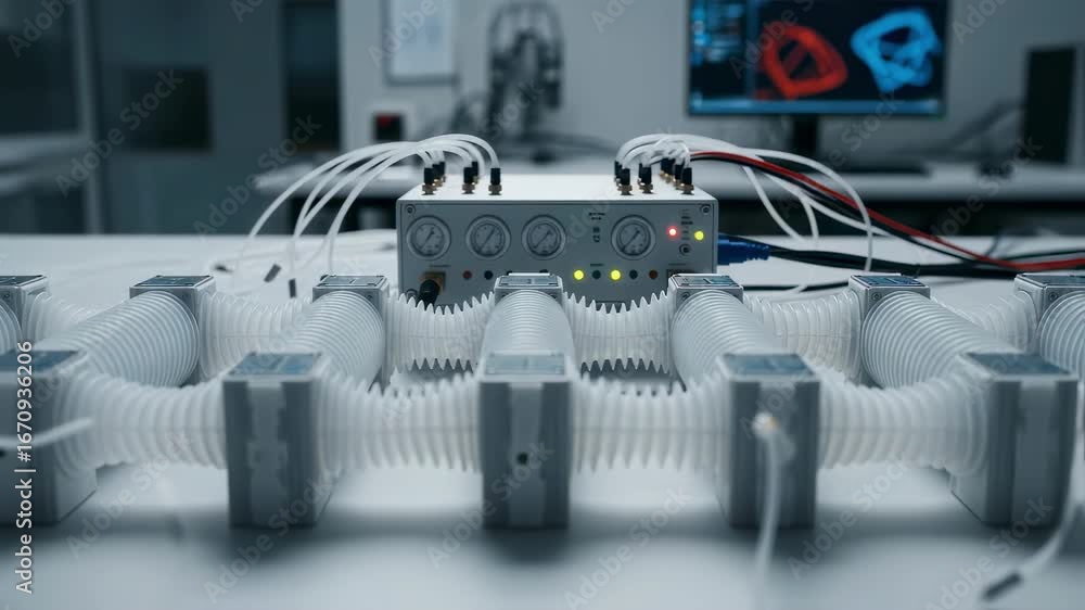 Aufkleber array of modular soft actuators connected to a central pneumatic controller visualizing synchronized