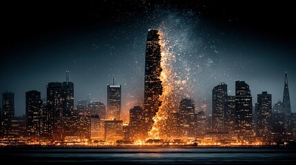 Fototapeta premium A city skyline with a tall building engulfed in flames and smoke.