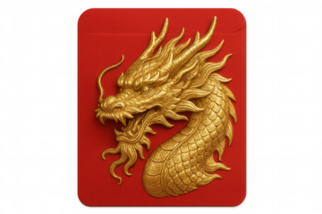 Golden dragon embossing adorning red envelope. Symbolic representation of prosperity, celebrating chinese new year with elegant metallic detailing on transparent background