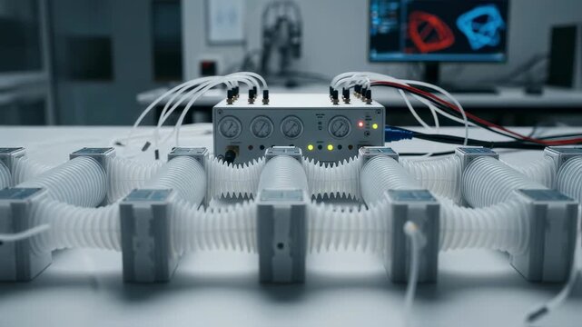 Array of modular soft actuators connected to a central pneumatic controller visualizing synchronized cyclic movements in experimental robotics.
