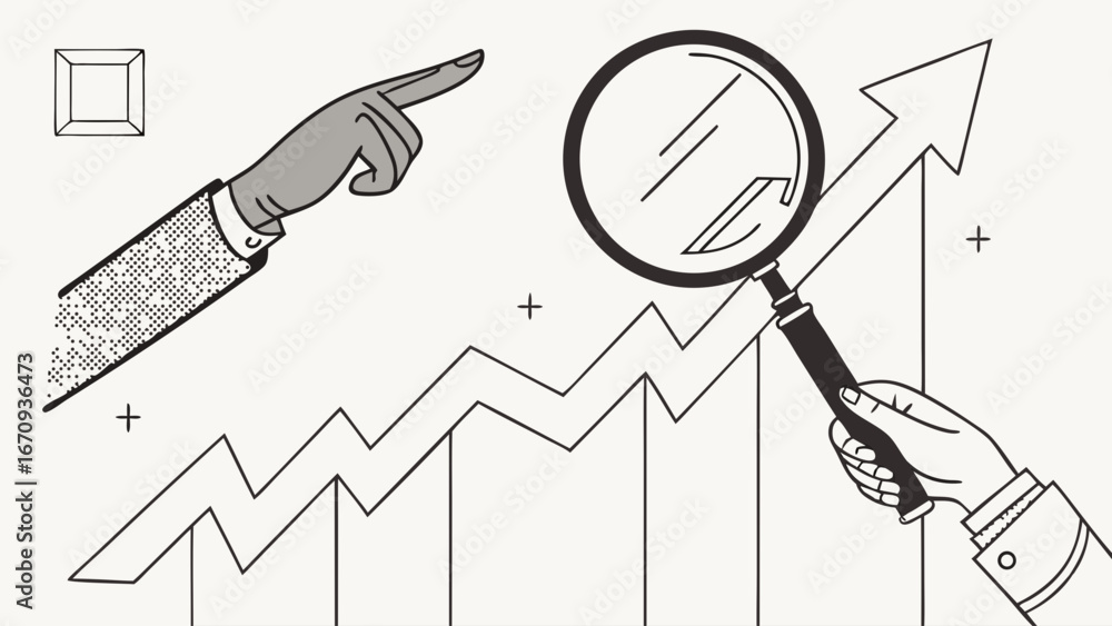 Poster analyzing growth and progress a hand points to an upward trending graph being examined with a magnif