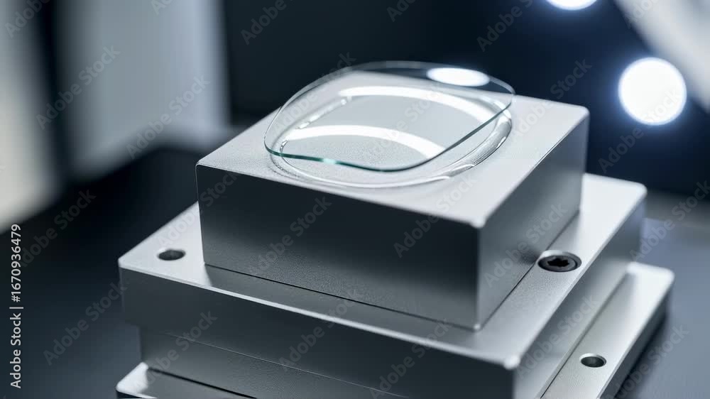 Poster detailed view of a transparent ophthalmic lens mounted on a freeform surfacing block ready for preci