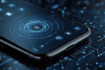 Close-up of a smartphone displaying a security interface, overlaid with circuit board details
