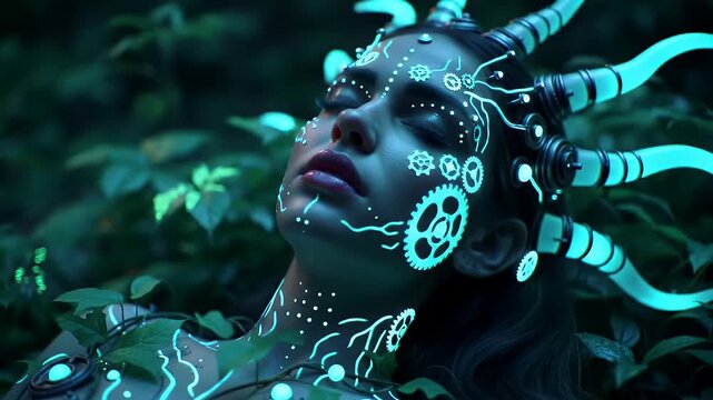 Glowing Woman in Green Foliage with Intricate Headdress