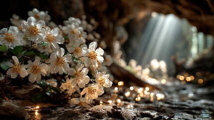 White flowers and candles in a dark forest with light shining through.