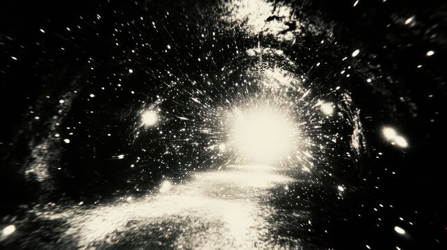 A bright light emerges from a dark, starry tunnel, evoking a sense of depth and exploration.