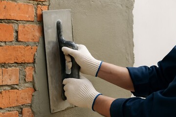 Gloved hands expertly smoothing a layer of fresh plaster onto a brick wall with a float.