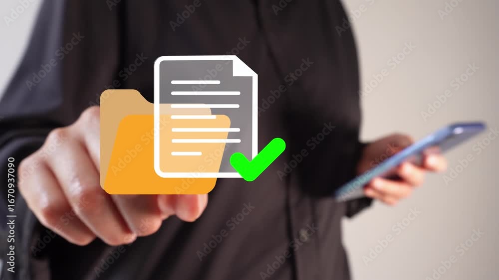Aufkleber effective file management. a businessman pointing at a floating folder icon with a file and a check 