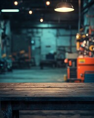 Rustic Wooden Table in Blurred Industrial Workshop Setting