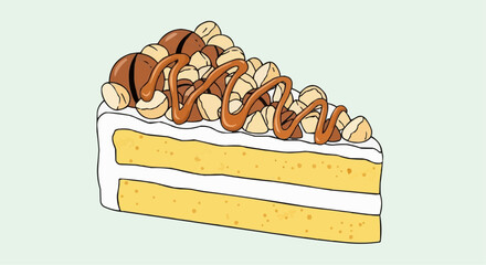 National day of macadamia nut september 4th vector delicious cake slice with nuts and caramel topping dessert bakery sweet treat confectionery baked goods yummy food