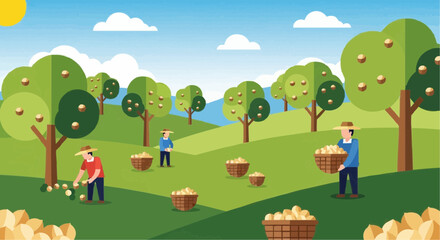 National day of macadamia nut september 4th vector illustration of apple harvest in orchard with farmers picking apples and basket full of apples in autumn season