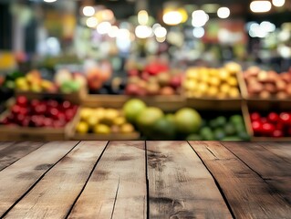 Rustic Wooden Table with Blurred Produce Market Background